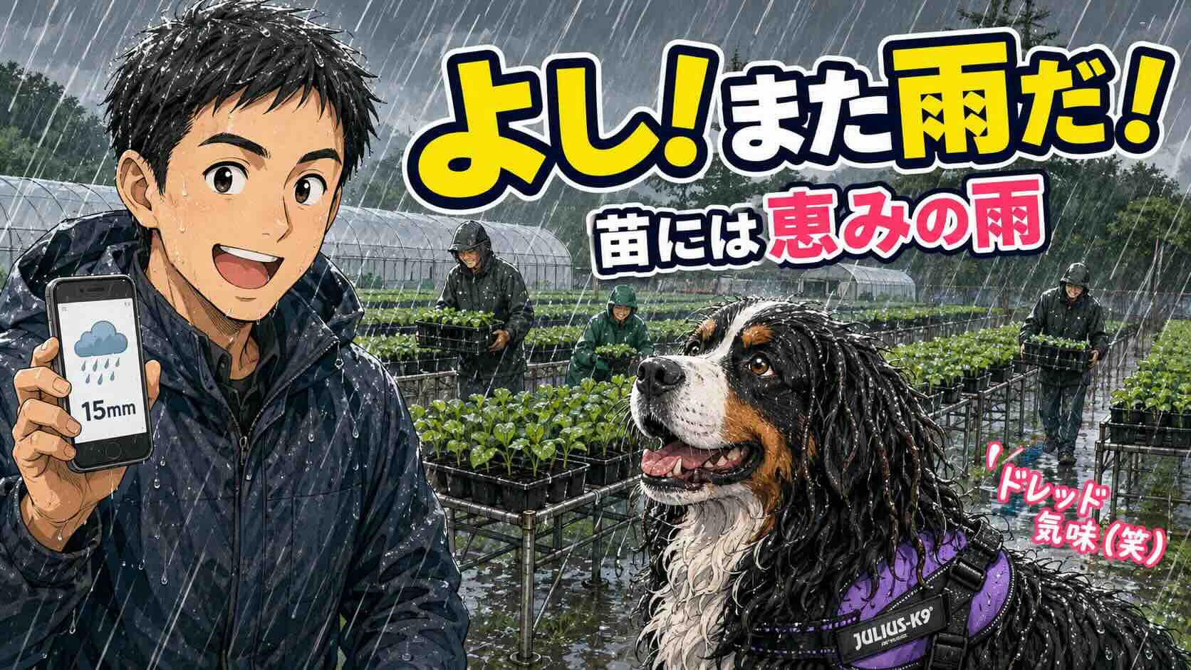 「よし！また雨だ！」冷蔵処理前のいちご苗には、土砂降りが恵みの雨でした