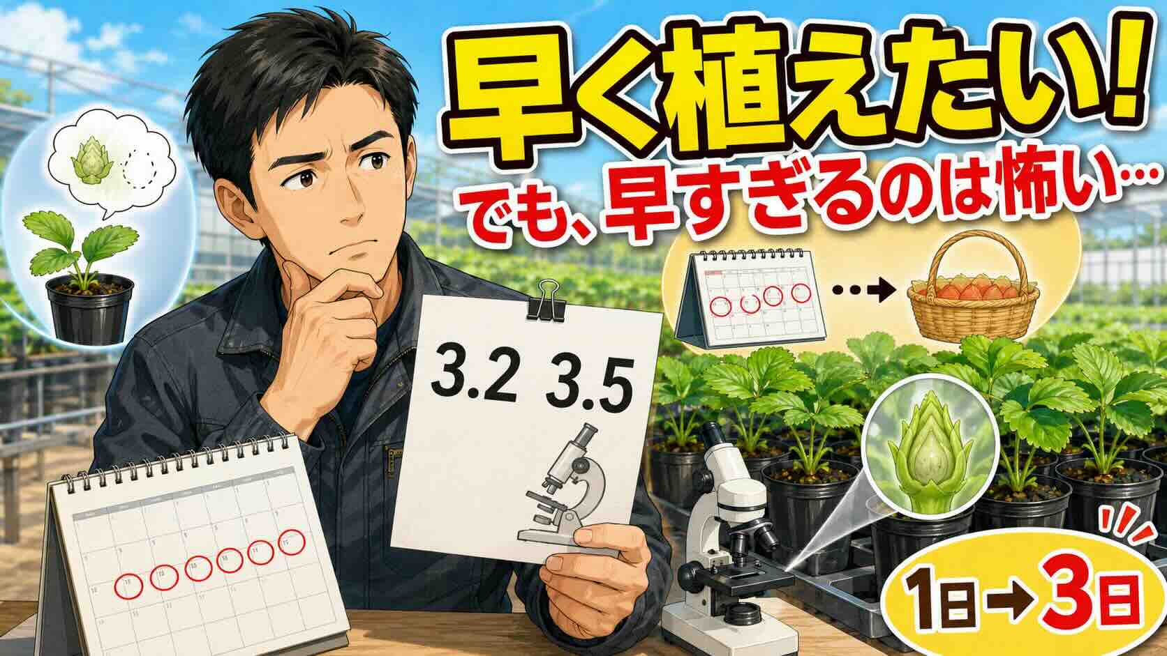 花芽分化指数3.2と3.5。越後姫の定植日を決める難しさと、高温化する秋のいちご栽培