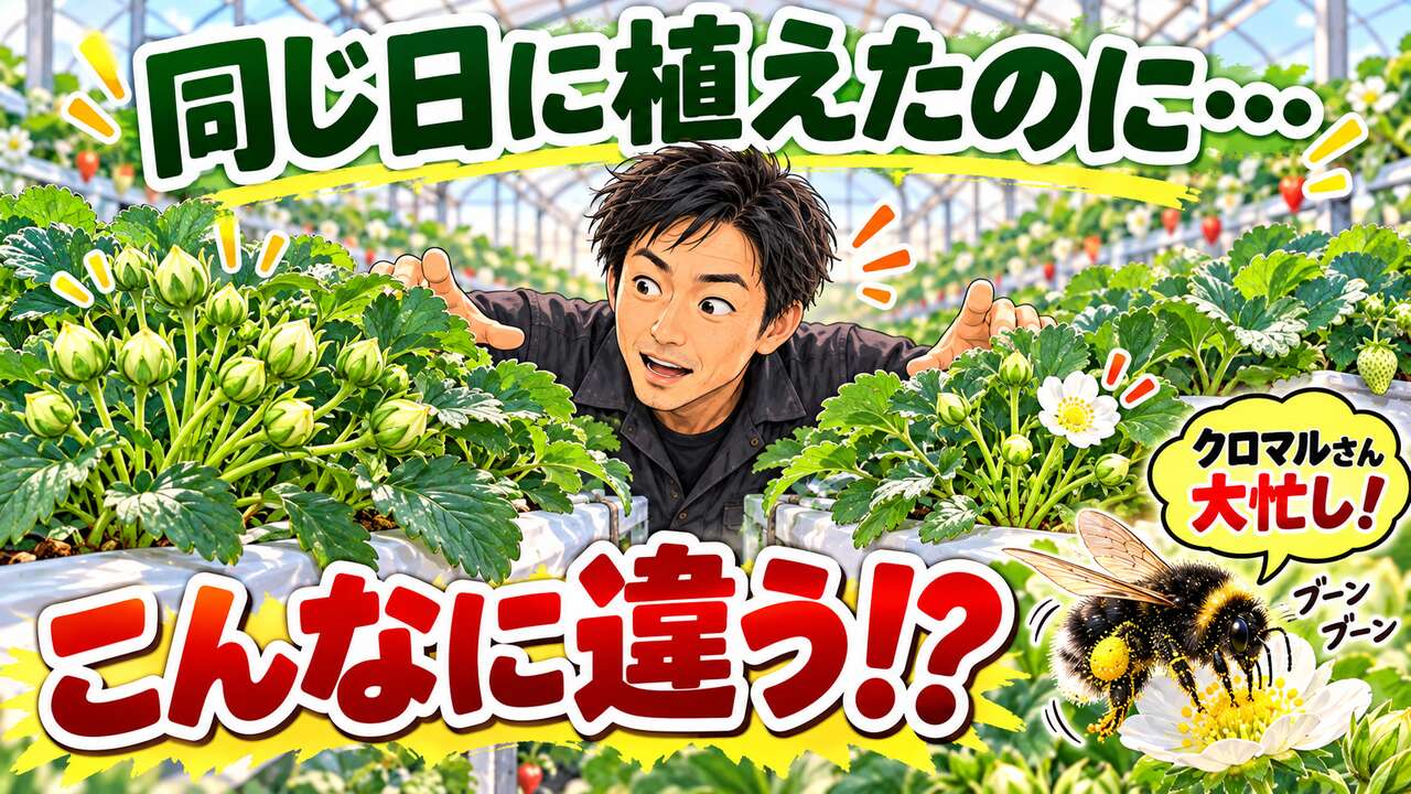 同じ日に植えたのに、こんなに違う。越後姫の開花が始まりました