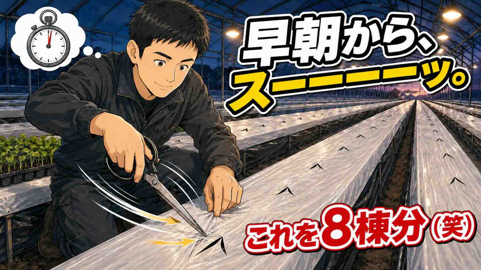朝3時、ひたすら「スーッ、スーッ」。いちご定植前の白黒マルチカットが始まりました