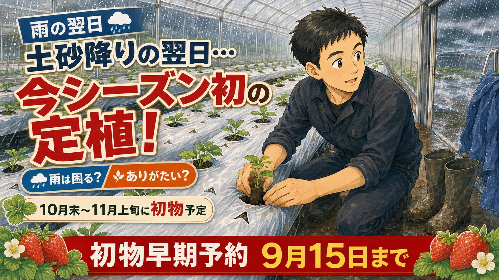 土砂降りの翌日、今シーズン初の定植。雨が困る時と、ありがたい時