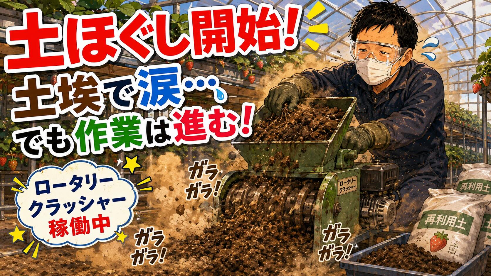 涙を流しながら土ほぐし（笑）高設いちご栽培の培土再利用と、土耕栽培との違い