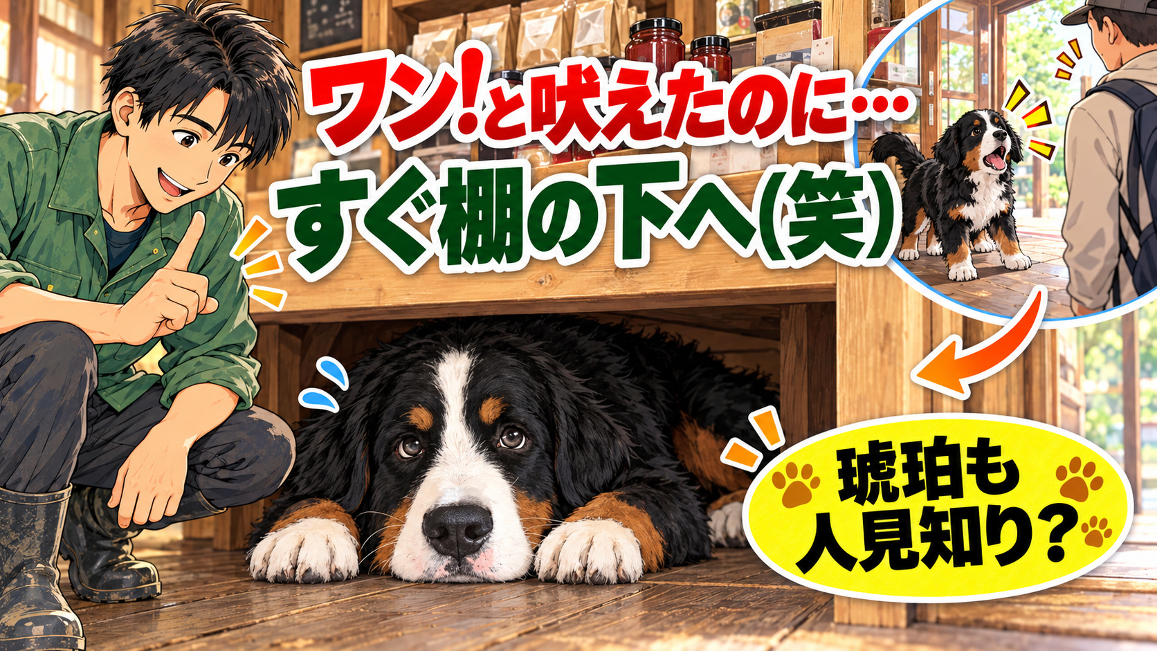 吠えた本人が棚の下へ避難（笑）琥珀は番犬なのか、人見知りなのか？