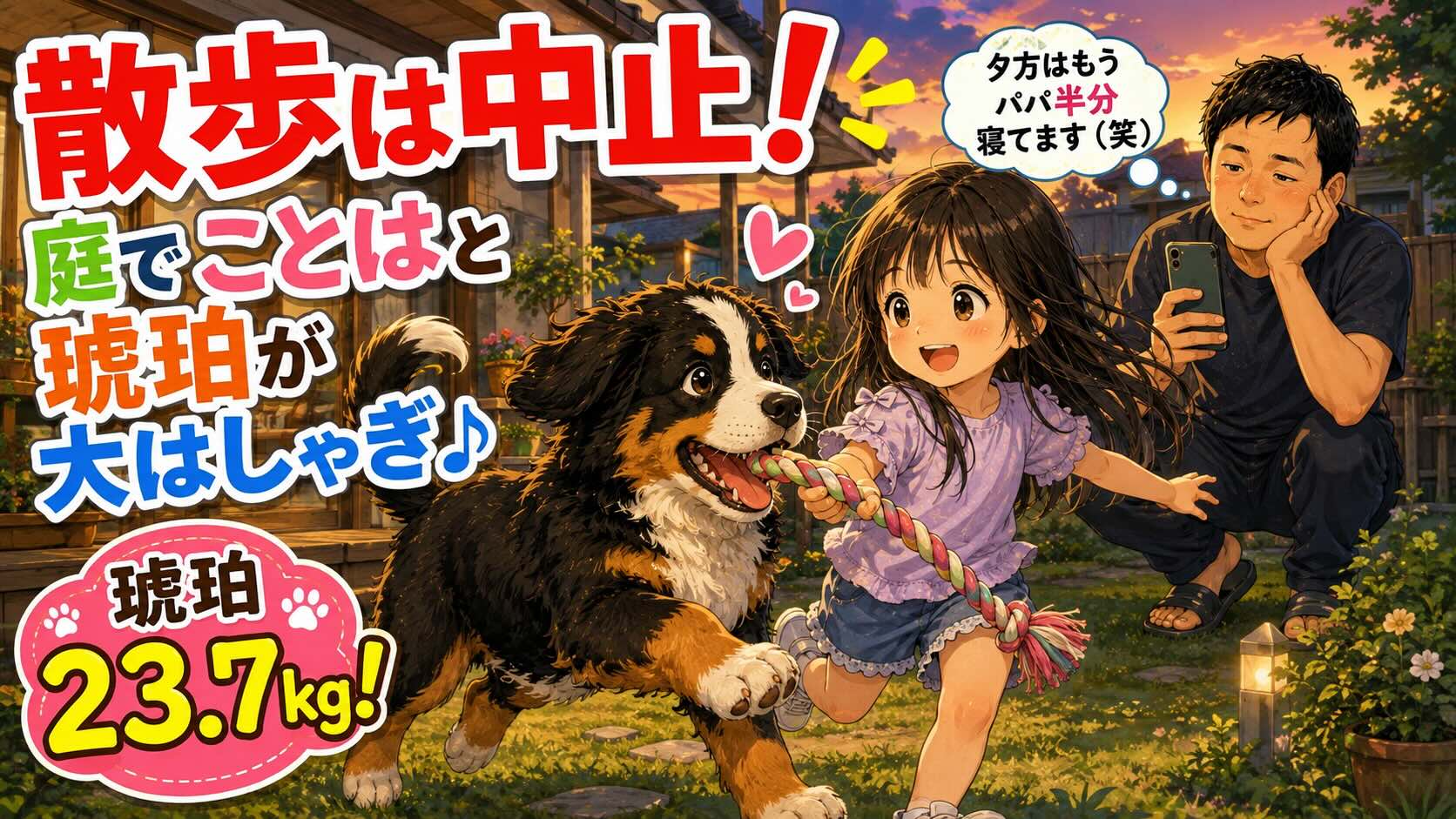 暑すぎて散歩は中止。23.7kgになったバーニーズの琥珀と、ことはの夏の夕方