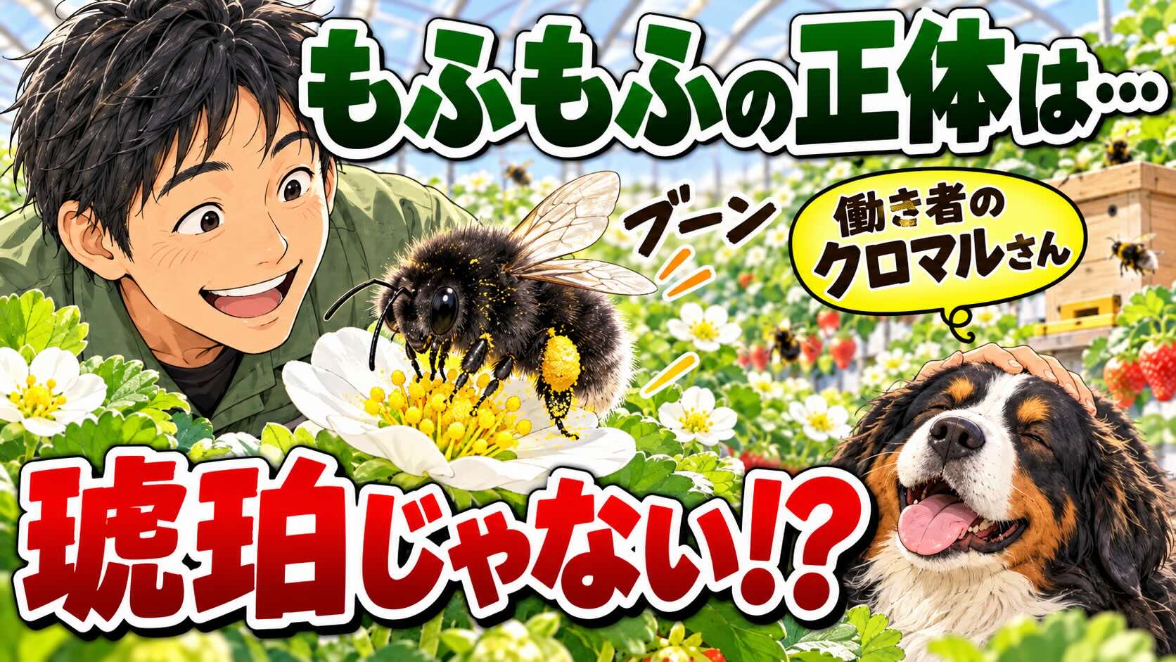 琥珀じゃない「もふもふの働き者」（笑）いちごの受粉を支えるクロマルさん