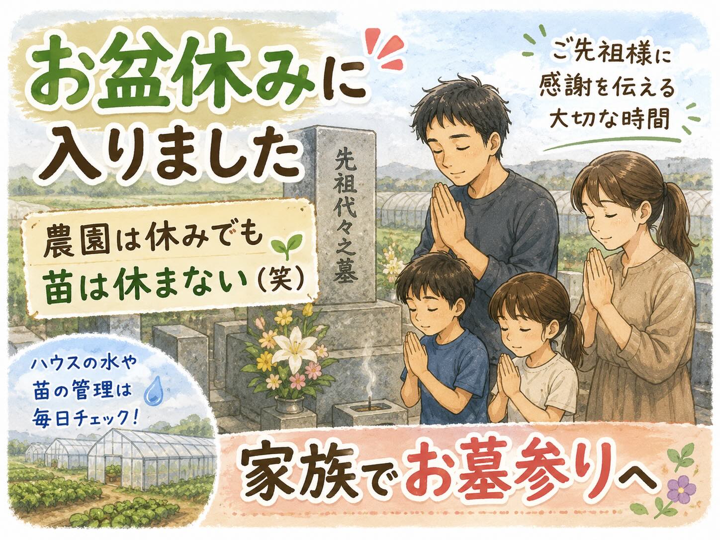 お盆休みに入りました。農園は休みでも苗は休まない（笑）家族でお墓参りへ