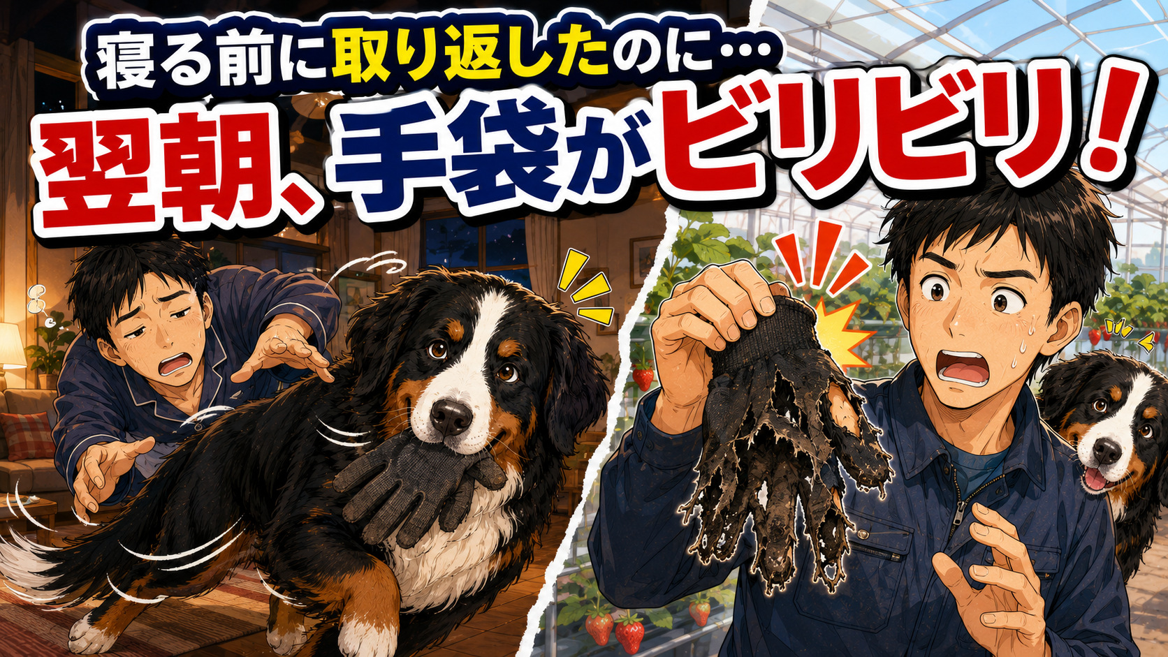 寝る直前に呼び戻され、翌朝には仕事用手袋がビリビリ（笑）琥珀にやられました