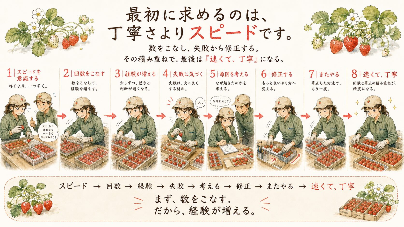スピードと経験を増やし、失敗を修正しながら速くて丁寧な仕事へ成長する流れ