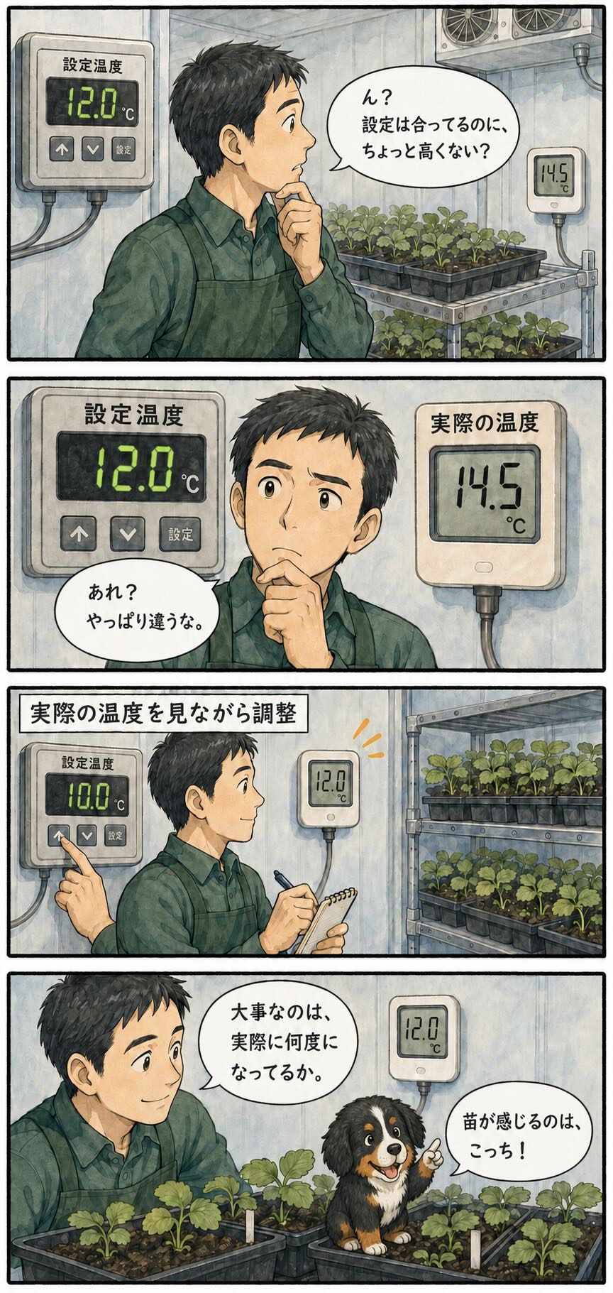 冷蔵処理しているいちご苗の設定温度と実際の温度の違いに気づいた様子を描いた4コマ漫画