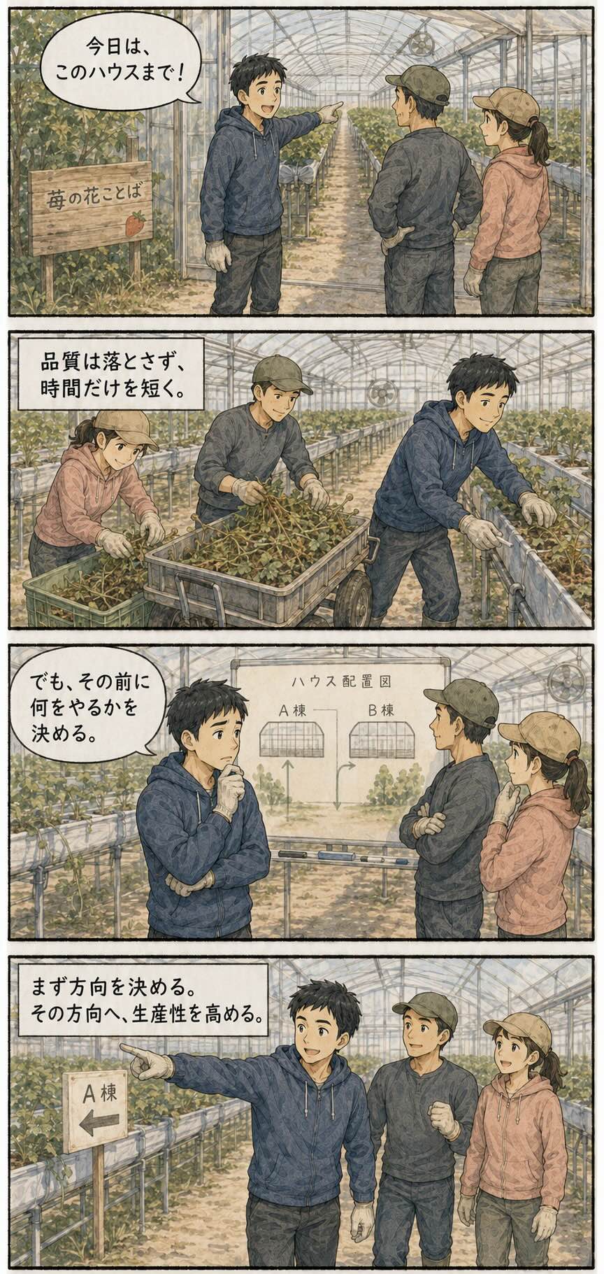 ハウスの片付けと仕事のスピードについて描いた4コマ漫画