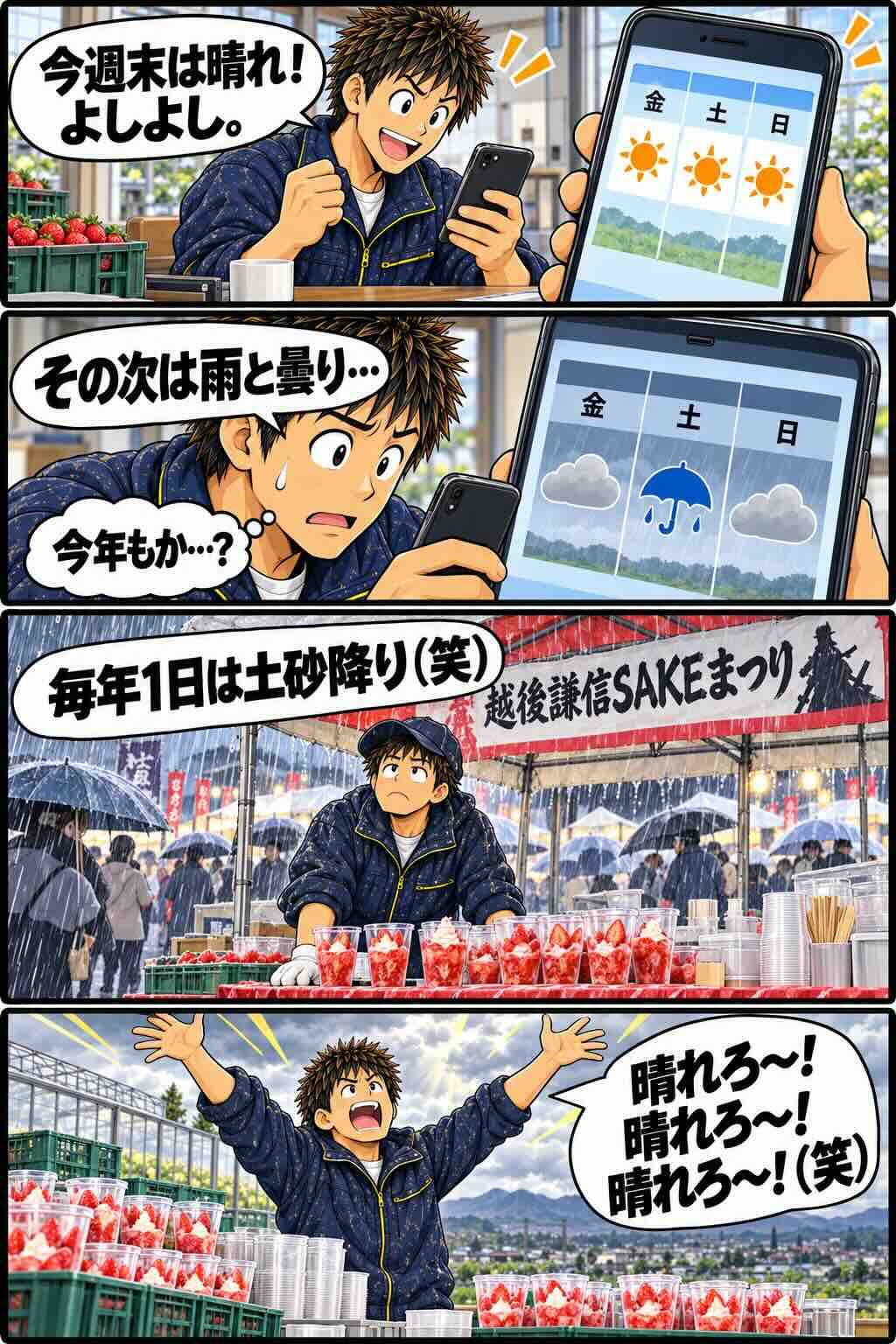 越後謙信SAKEまつりの天気を心配する様子を描いた4コマ漫画