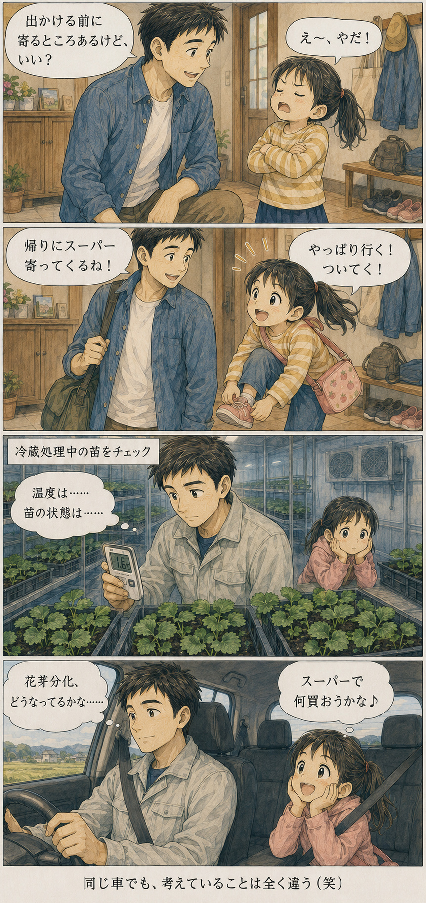 冷蔵処理中のいちご苗を確認しに行く高橋和樹と、スーパーを楽しみにすることはを描いた4コマ漫画