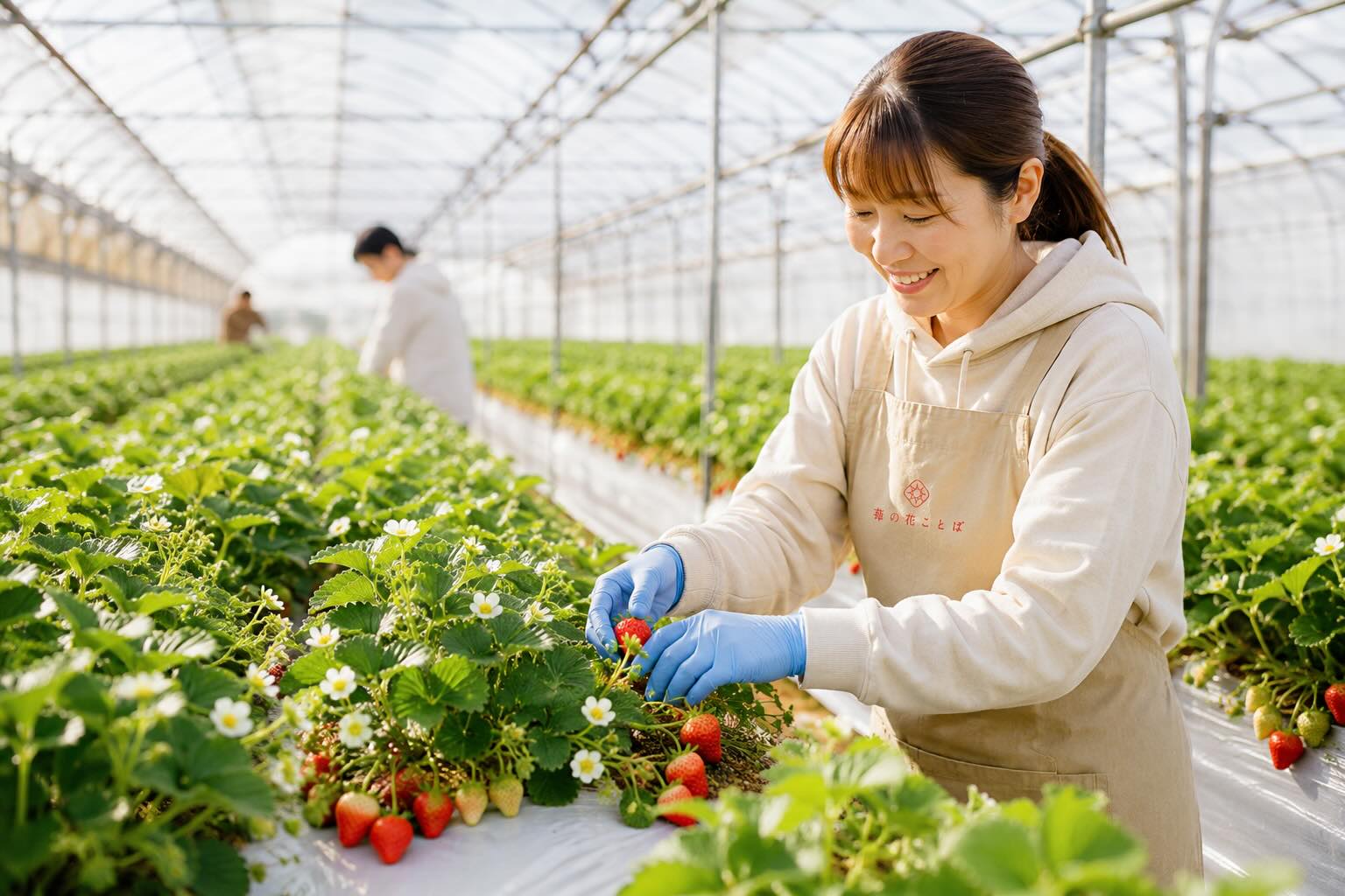苺の花ことばのいちごハウスで越後姫を育てるスタッフ