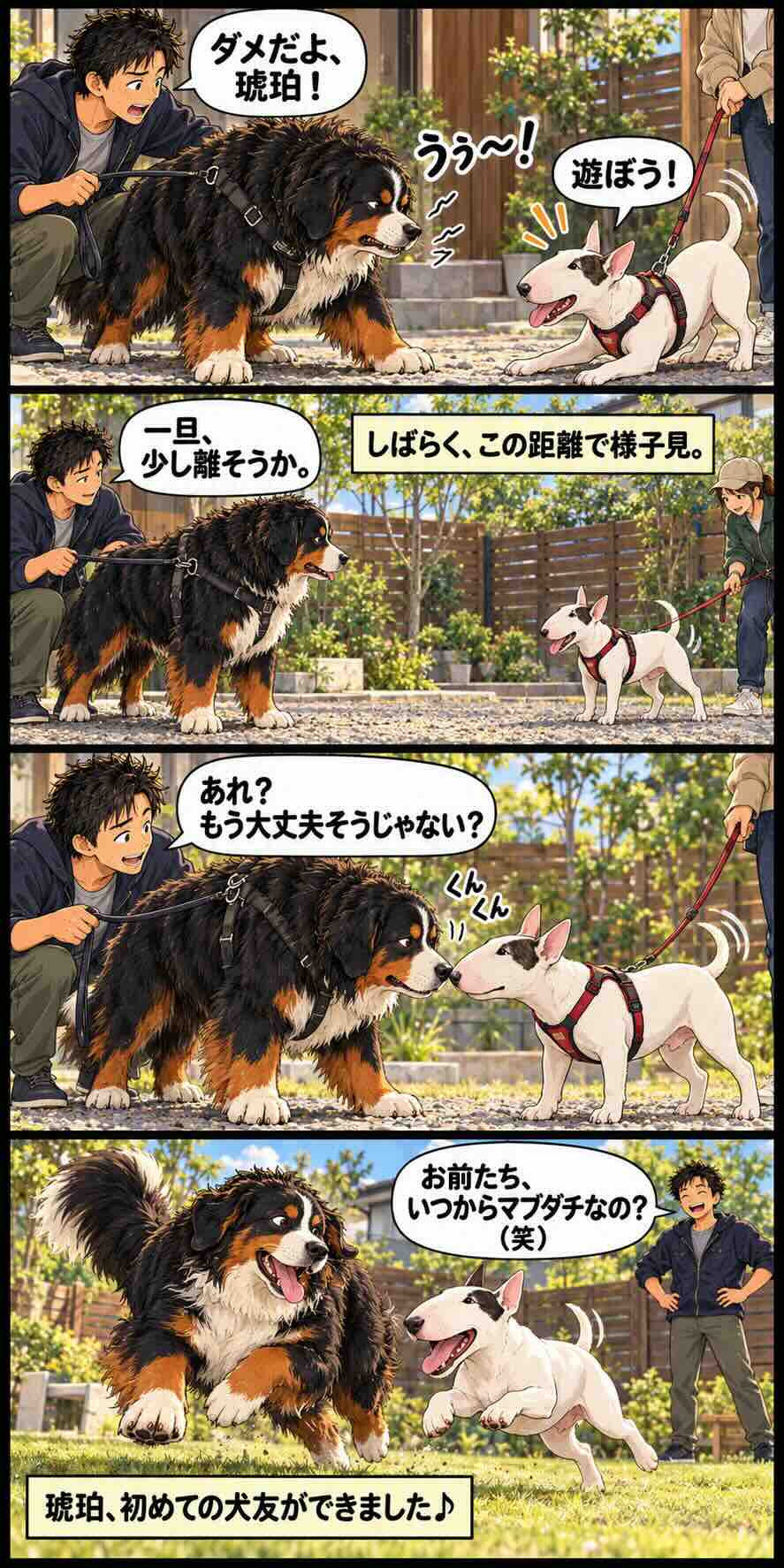 最初は警戒していた琥珀とコアが仲良く遊ぶようになる様子を描いた4コマ漫画