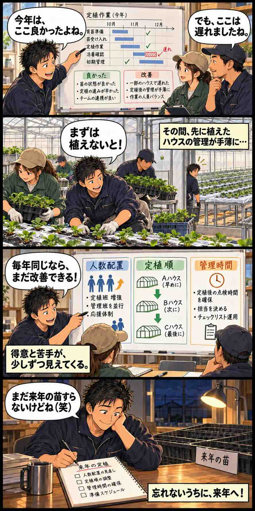 いちごの定植を振り返り来年の改善について考える様子を描いた4コマ漫画