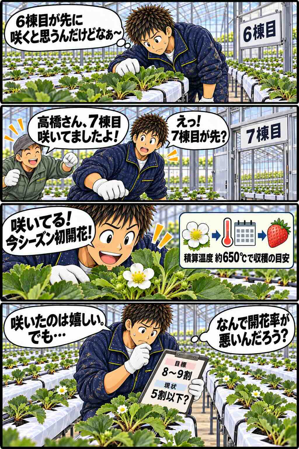 後から定植した7棟目で越後姫が先に開花した様子を描いた4コマ漫画
