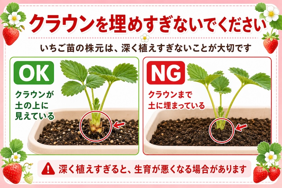 いちご苗のクラウンを埋めすぎない植え付け方法 OKとNG