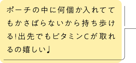 ポーチの中に何個か入れててもかさばらないから持ち歩ける!出先でもビタミンCが取れるの嬉しい♩
