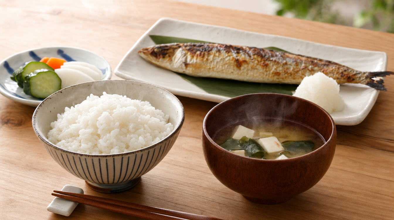ヨーグルトと味噌汁、漬物が並ぶ和朝食