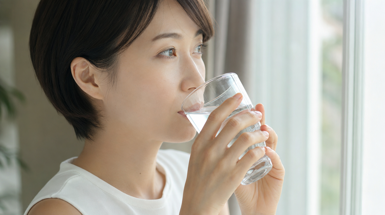 デスクの上に置かれた水のグラスとサプリメント
