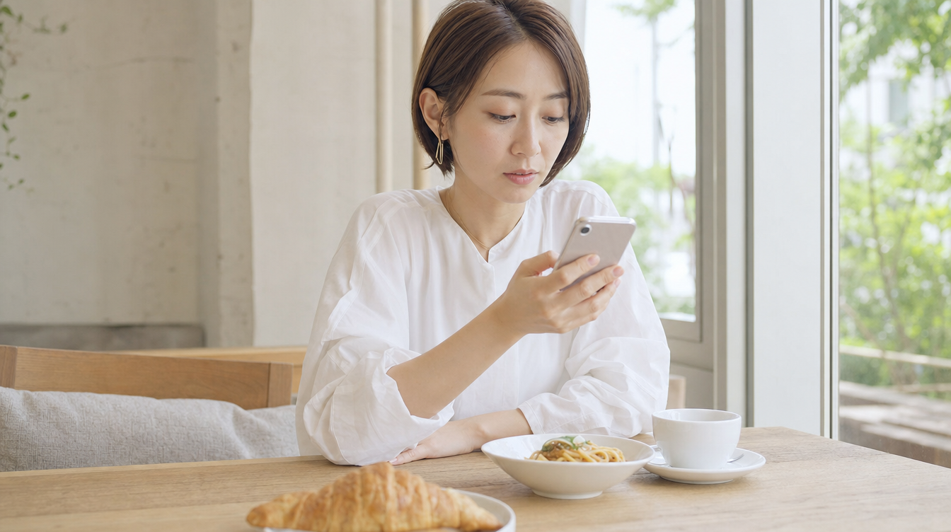 カフェでスマートフォンを見ながら購入先を比較する30代女性