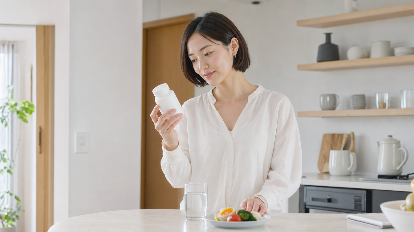 朝のキッチンでサプリメントのボトルを手に取る30代女性
