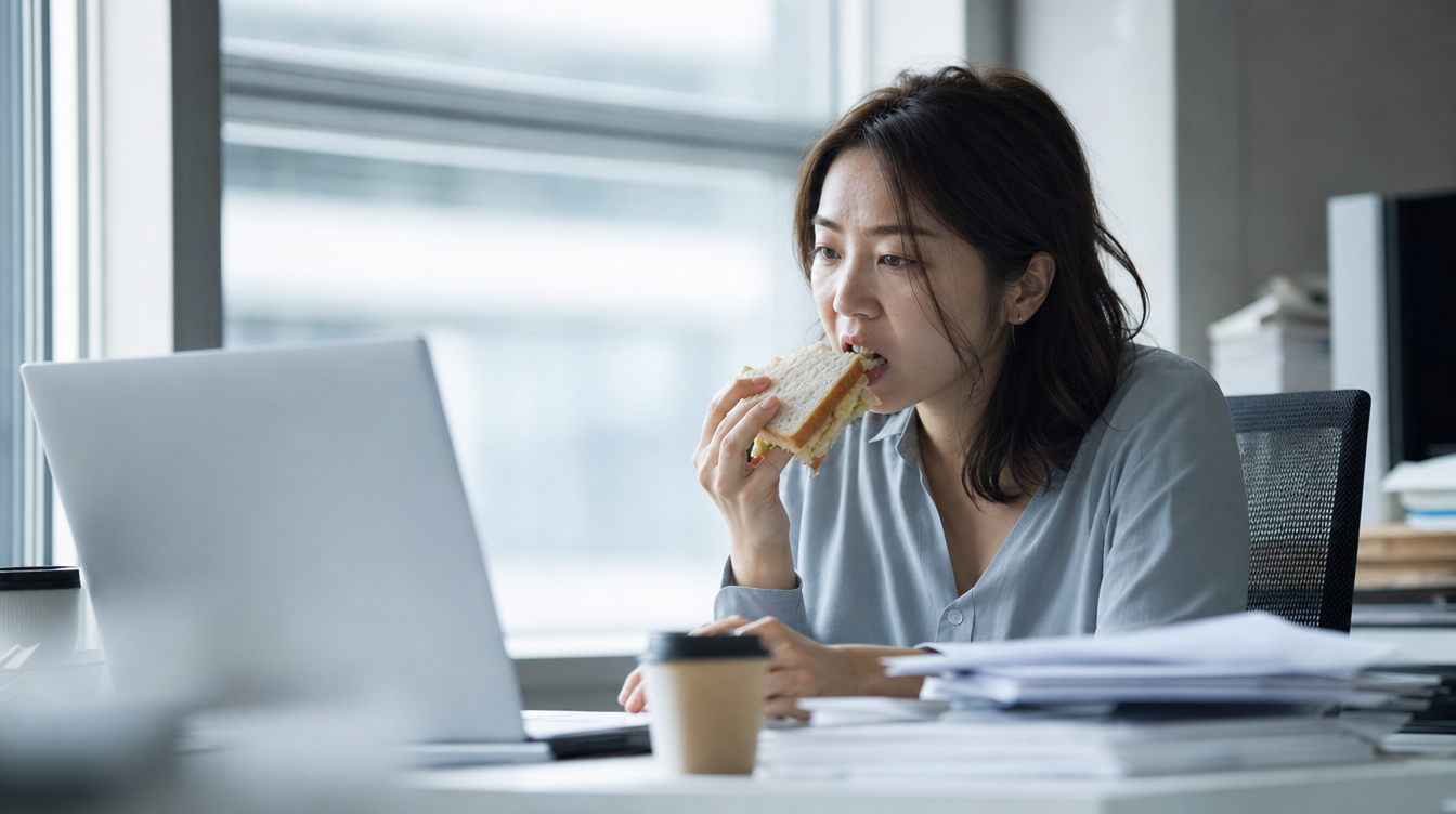 デスクでサンドイッチを片手に仕事をする忙しい30代女性