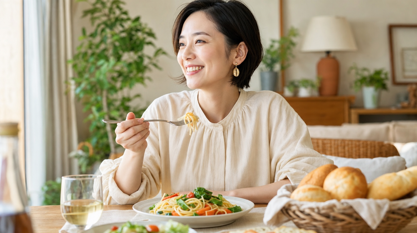 サンドイッチとパスタが並ぶカフェのランチプレート