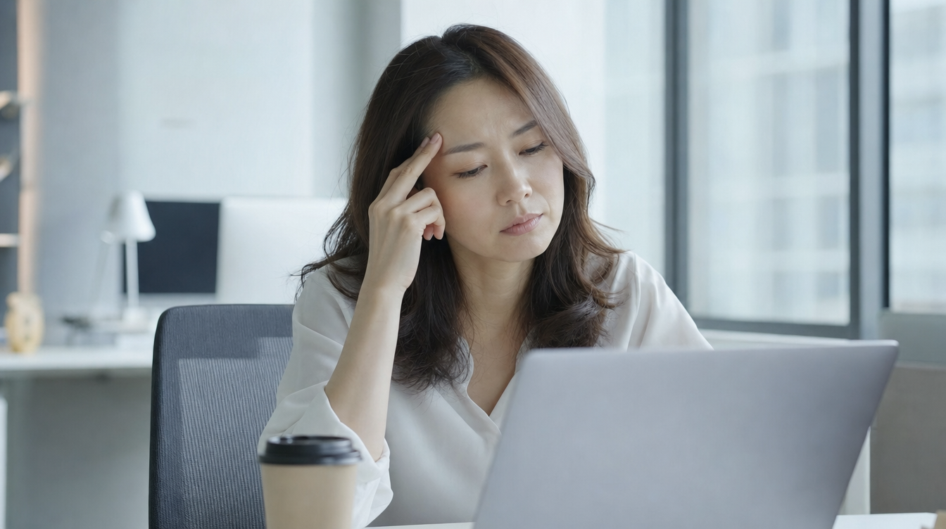 午後のオフィスで眠気をこらえる30代女性