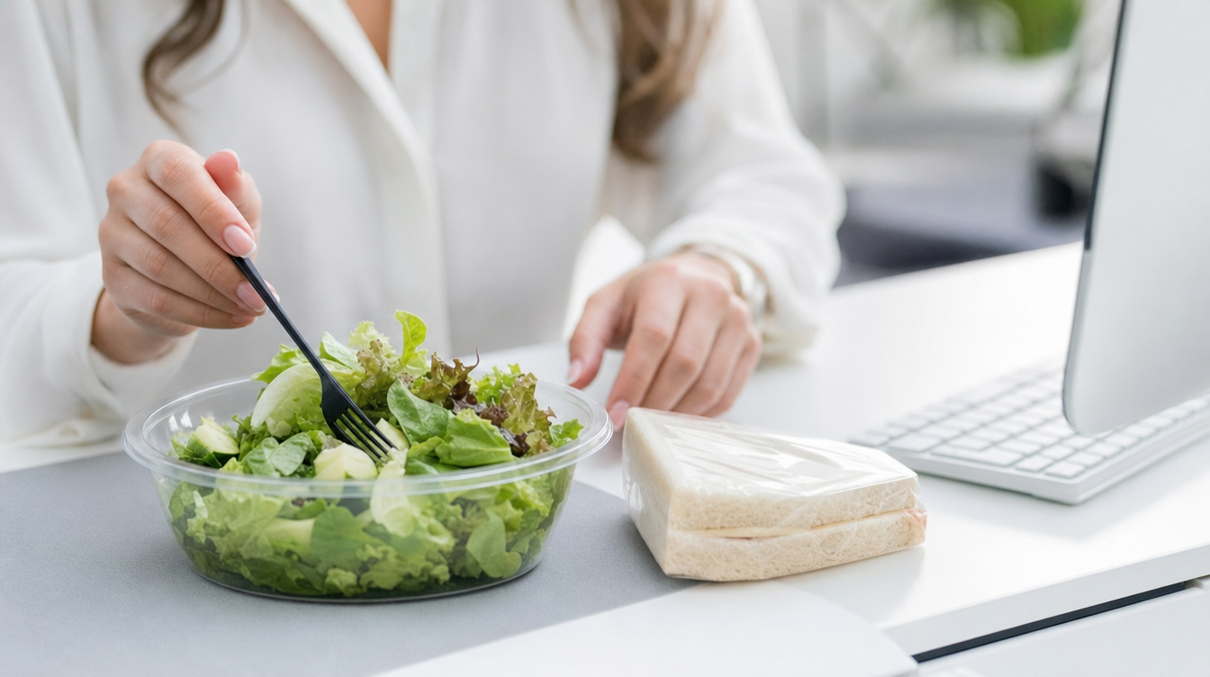 サラダとサンドイッチを並べ、サラダから食べはじめる手元