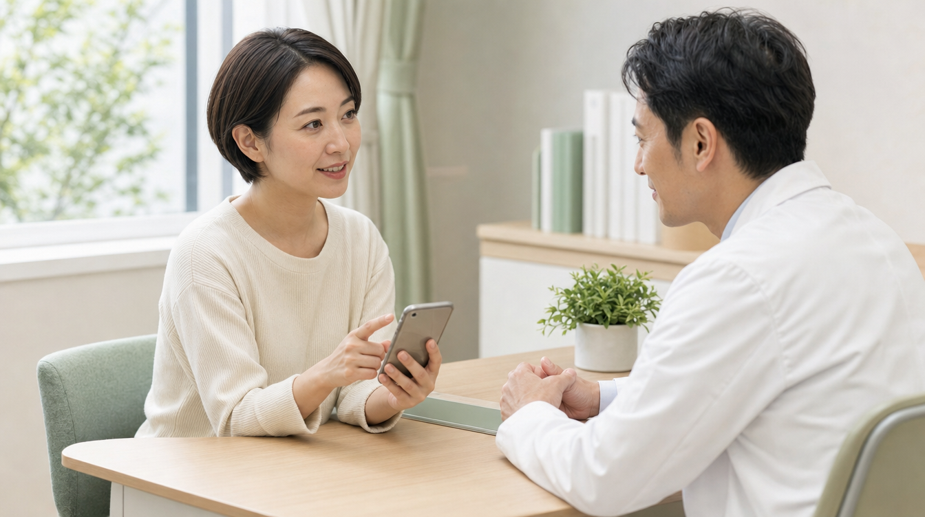 医師にサプリメントの成分を見せて相談する女性