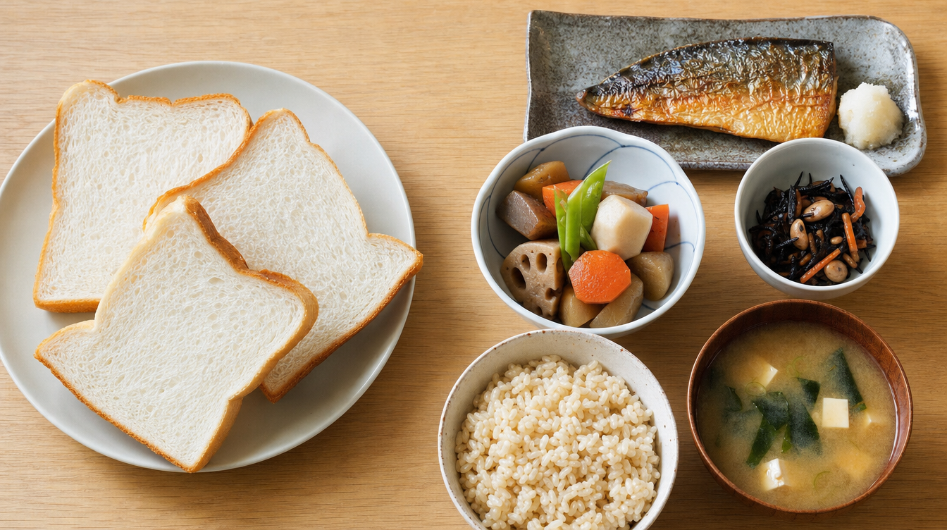 やわらかい食パンと玄米・根菜の和定食を並べた比較