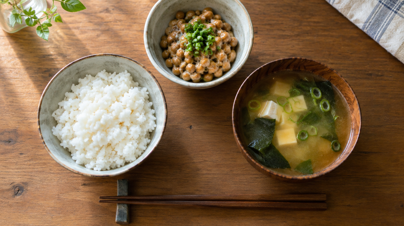 ごはんと納豆と味噌汁のシンプルな朝食