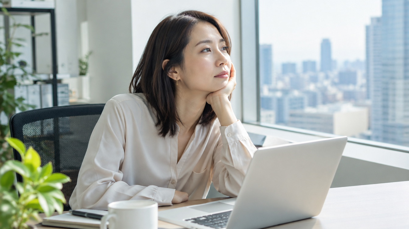 午後のオフィスで頬に手を当てて窓の外を見る女性