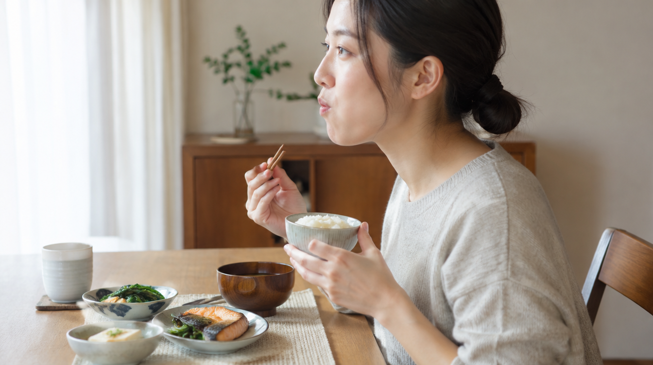 食卓でゆっくり噛みながら食事をする女性の横顔
