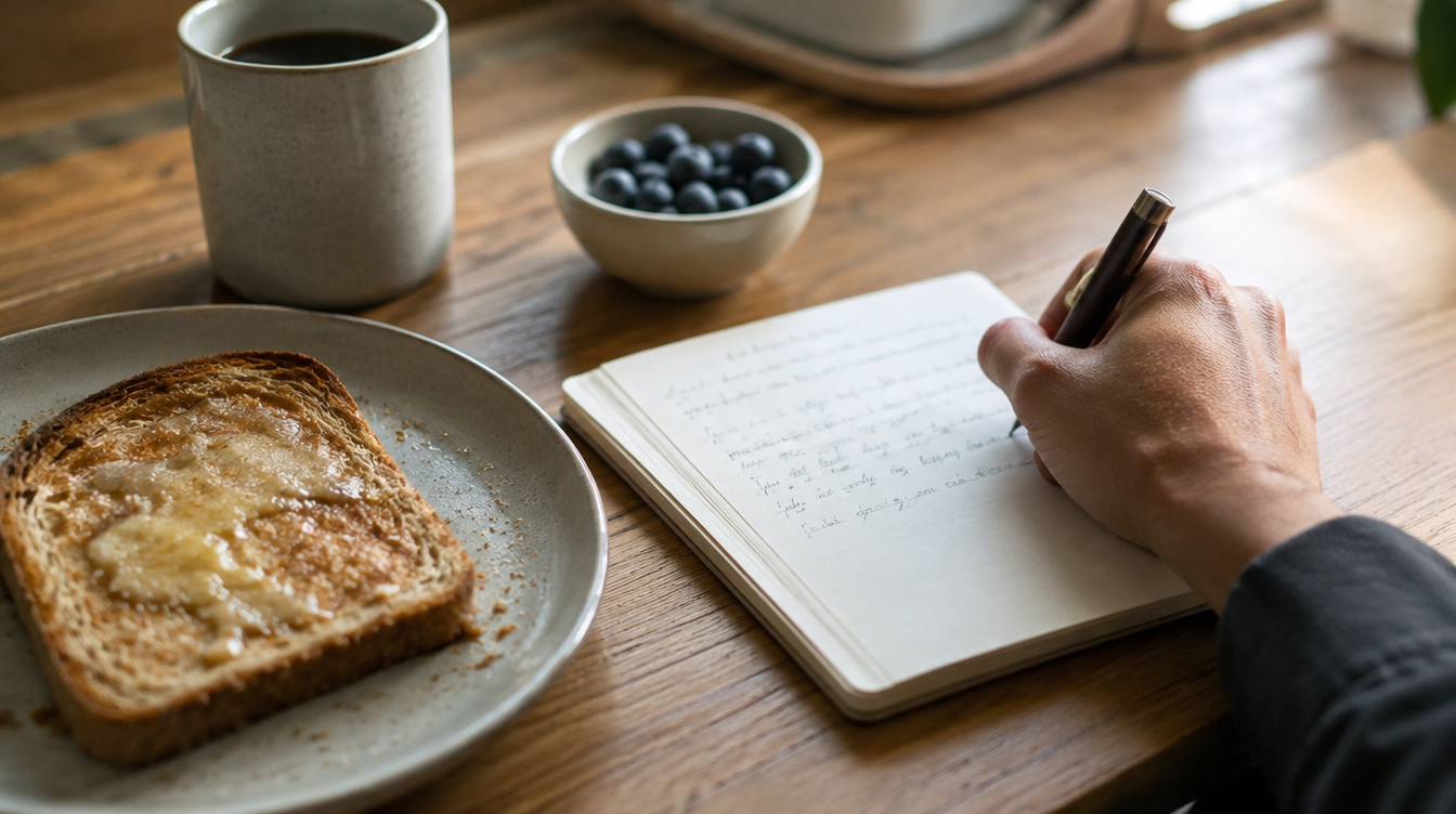 朝食の食卓で小さな手帳に体調の記録を書き込む手元