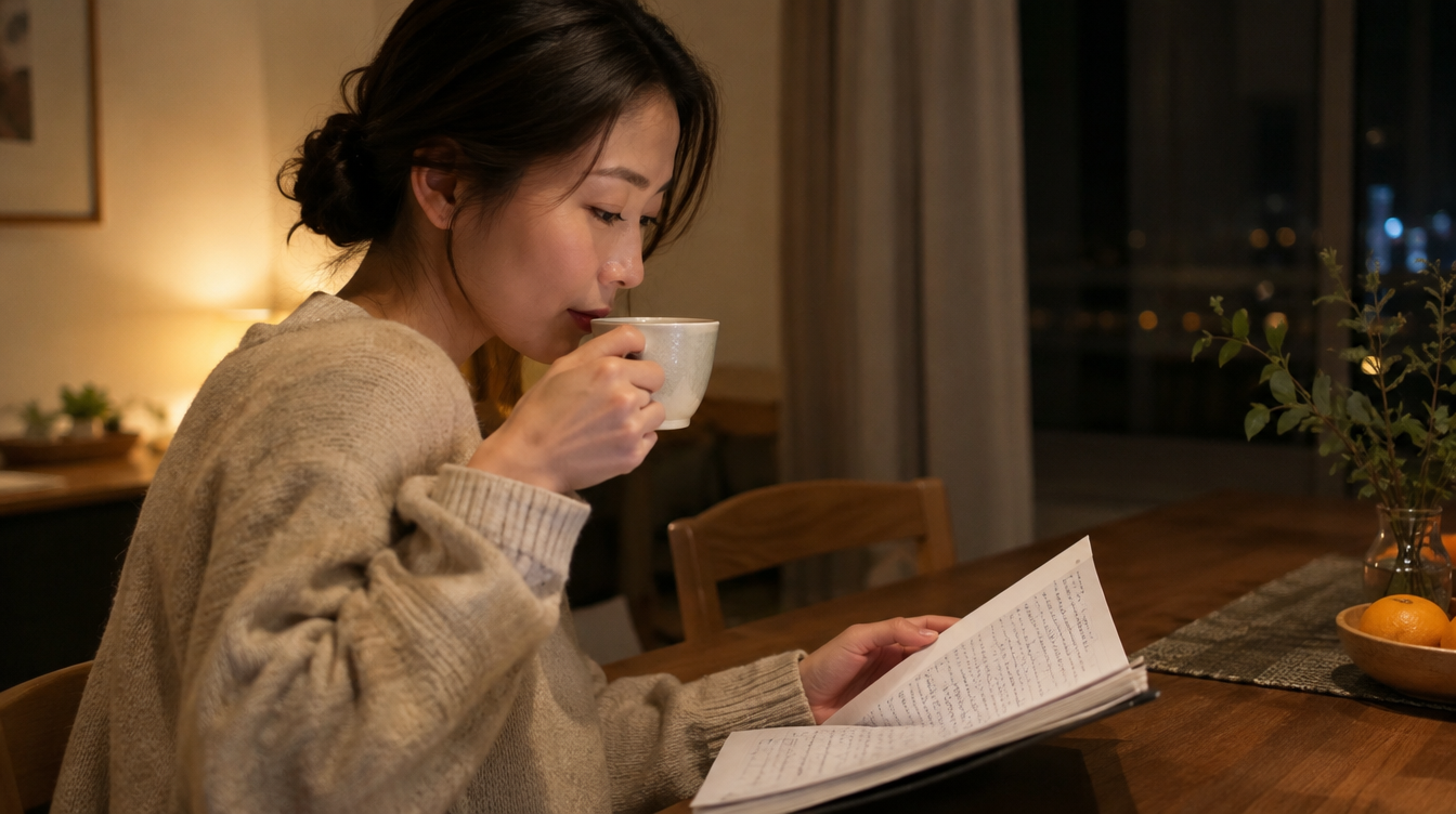 夜の食卓で記録ノートを見返しながらお茶を飲む女性