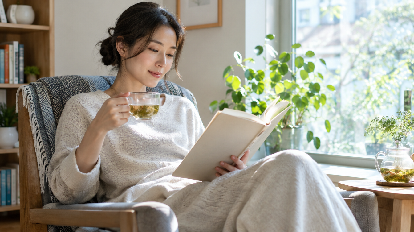 窓辺の椅子で本を読みながらハーブティーを飲む女性