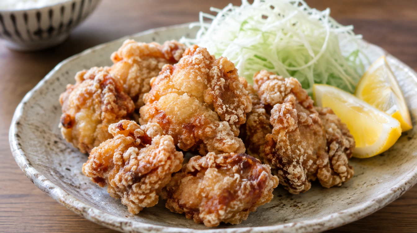 軽い衣で揚げた唐揚げとレモンが並んだ皿