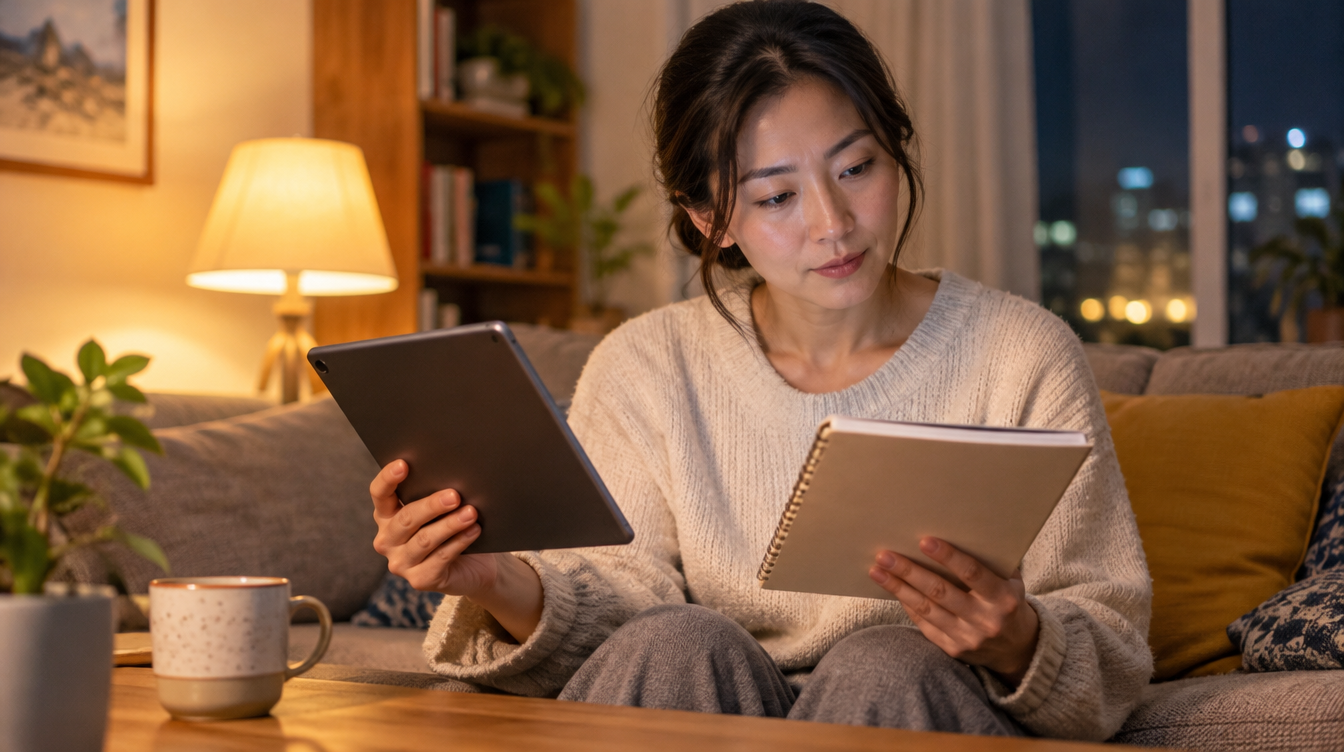 夜のリビングでタブレットとノートを見比べてサプリを検討する女性