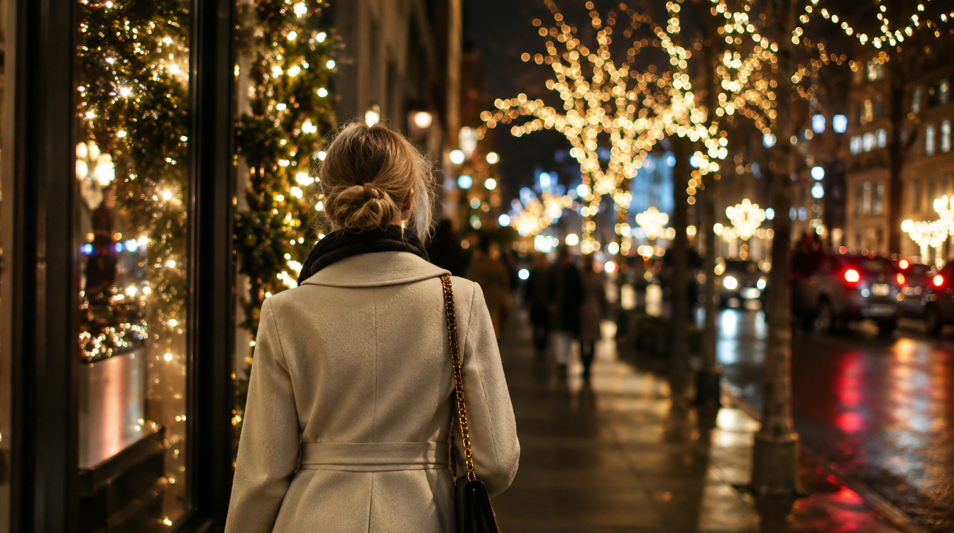冬の夜にイルミネーションの街を歩く女性の後ろ姿