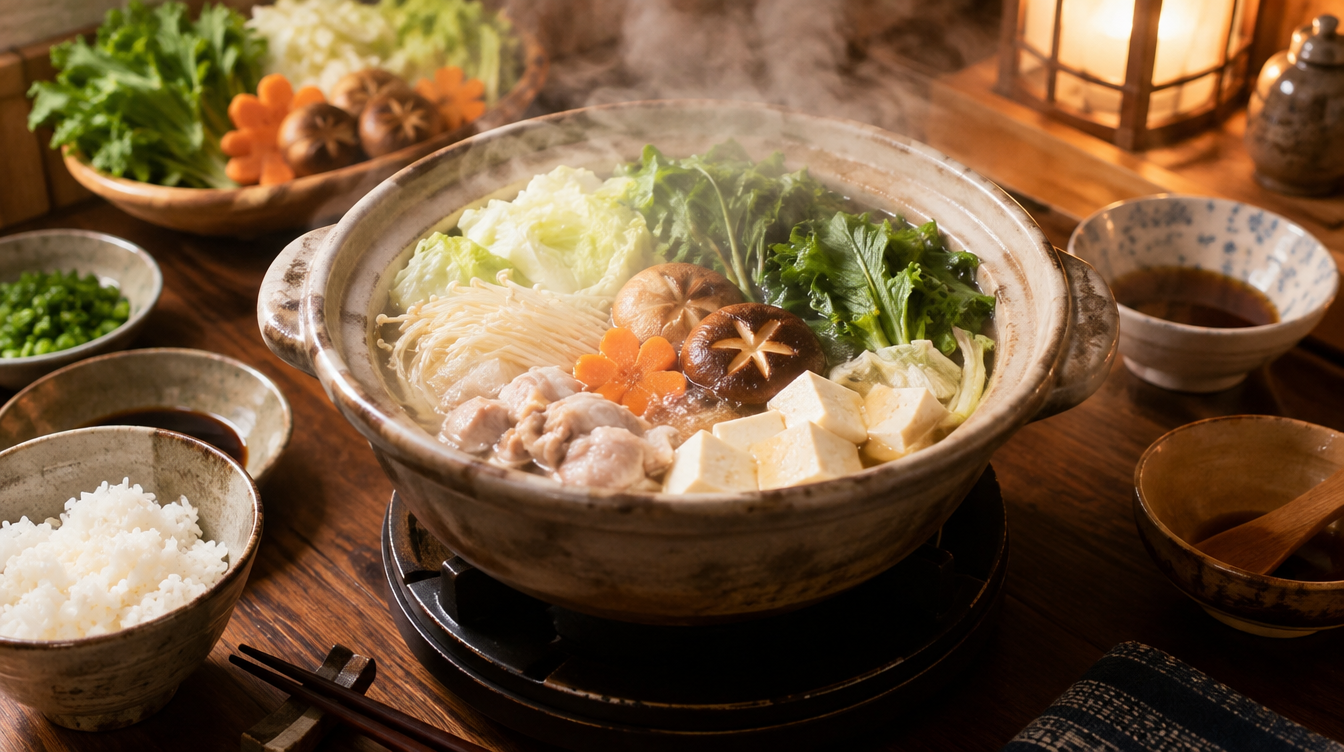 湯気の立つ鍋を囲む冬の食卓