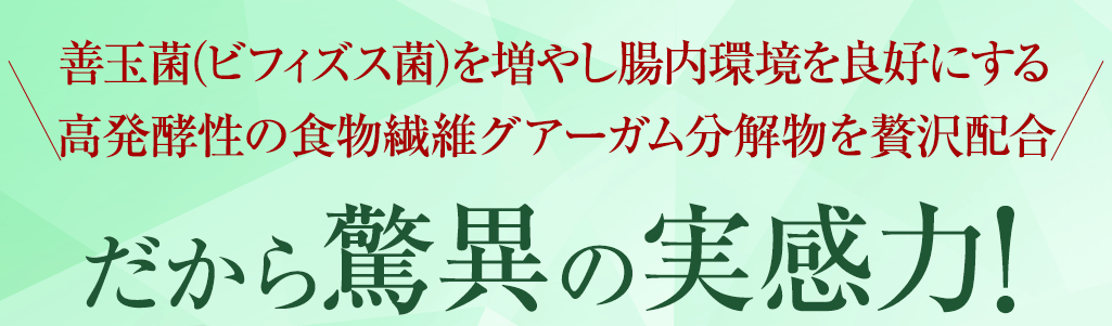 善玉菌（ビフィズス菌）を増やし腸内環境を良好にする高発酵性の食物繊維グアーガム分解物を贅沢配合
