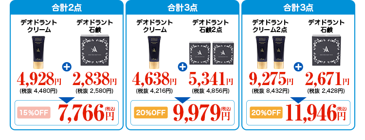 アニセ セット価格例 クリーム+石鹸 15%OFF 7,766円 クリーム+石鹸2点 20%OFF 9,979円 クリーム2点+石鹸 20%OFF 11,946円