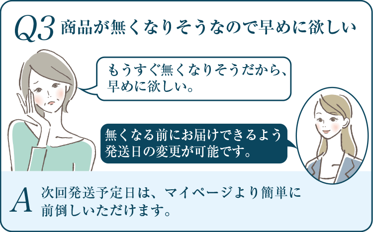 Q3 商品が無くなりそうなので早めに欲しい A 次回発送予定日は、マイページより簡単に前倒しいただけます。