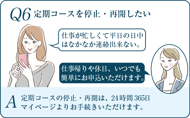 Q6 定期コースを停止・再開したい A 定期コースの停止・再開は、24時間365日マイページよりお手続きいただけます。