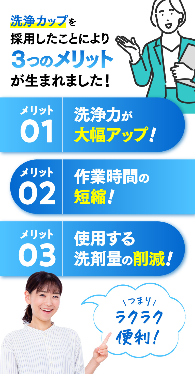 洗浄カップを採用したことにより3つのメリットが生まれました！