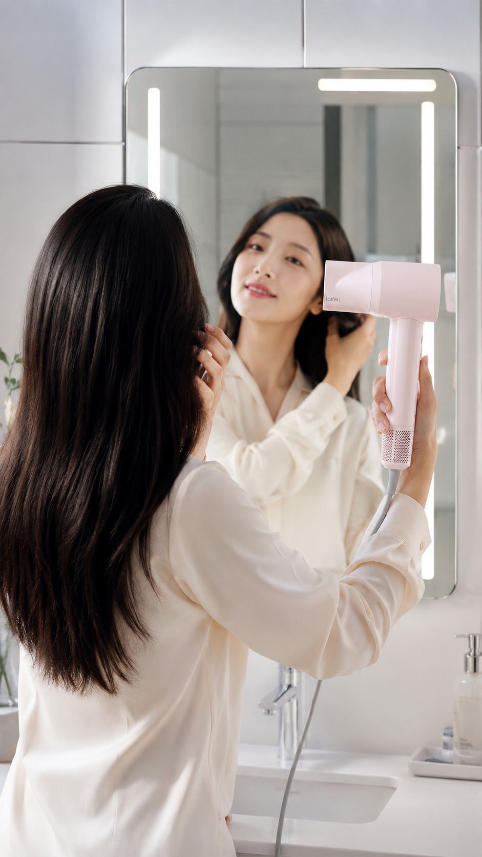 鏡の前でドライヤーを使う女性