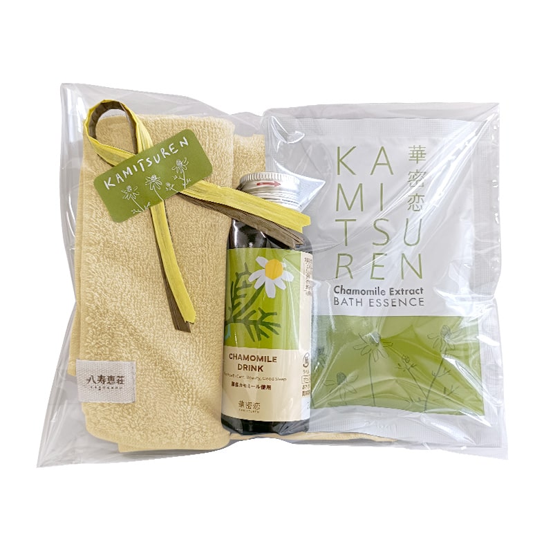 【ギフトセット】薬用入浴剤50mL＋華密恋ドリンク＋八寿恵荘ハンドタオル タオルのカラー: イエロー