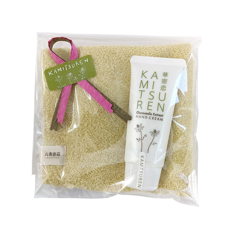 【ギフトセット】ハンドクリーム＋八寿恵荘ハンドタオル タオルのカラー: イエロー